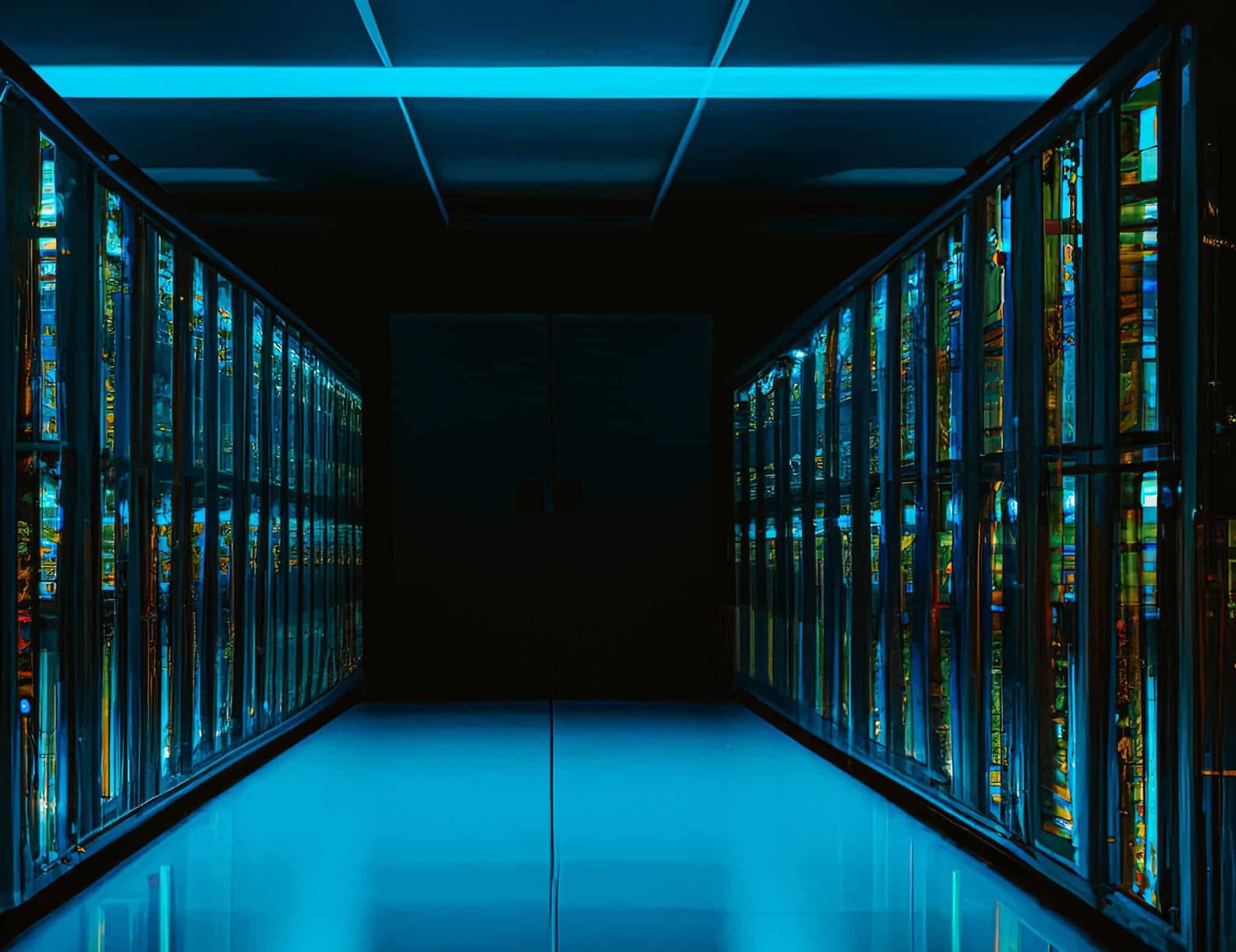 Data center server room with black and red server racks and bright lighting.